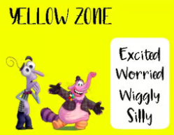 Image of two characters from the film Insideout on a Yellow background with the title YELLOW ZONE. The words Excited, Worried, Wiggly and Silly are in a white box.