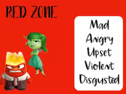 Image of two characters from the film Insideout on a red background with the title RED ZONE. The words Mad, Angry, Upset, Violent and Disgusted are in a white box.