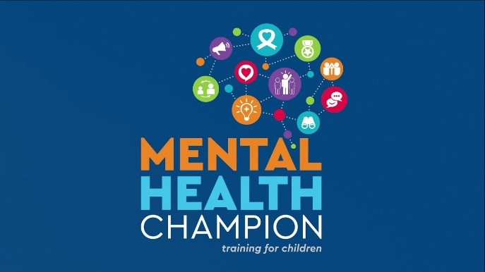 Picture of Mental Health Champion logo. Blue background with the text Mental Health Champion and multiple small circular logos